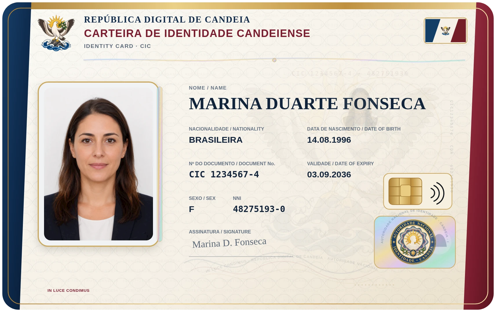 Carteira de Identidade Candeiense fictícia de Marina Duarte Fonseca